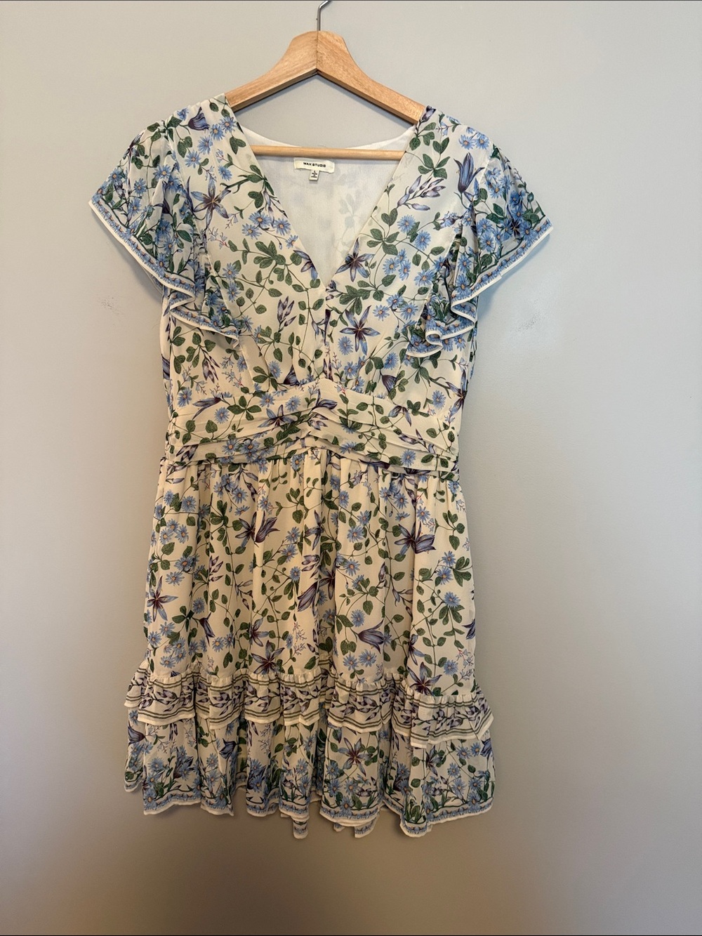 Max Studio Cream Mini Dress with Blue and Green Floral Print